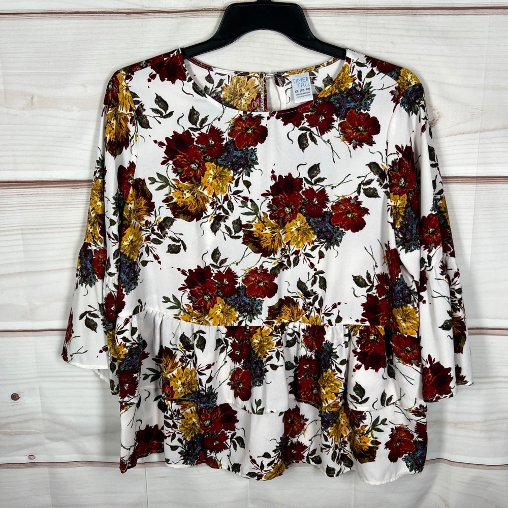 Time and Tru Peplum Blouse Womens XL White Floral Tiered Ruffle 3/4 Sleeve Top‎